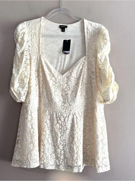 Torrid Ivory Stretch Lace Cinched Elbow Sleeve Peplum Top Womens 1X (14-16) NWT - Picture 2 of 7